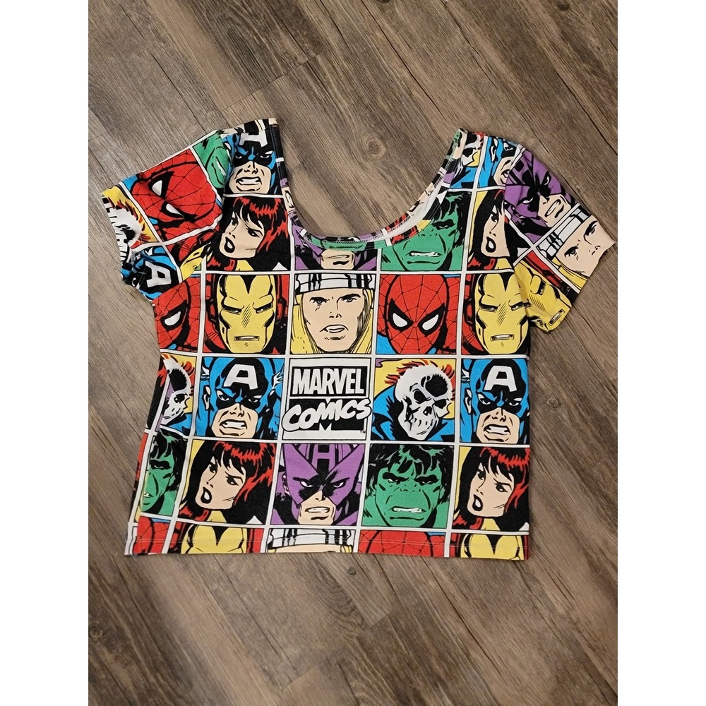 Marvel Comics Superhero Grid Print Crop Top Shirt XL Avengers Spider-Man Hulk